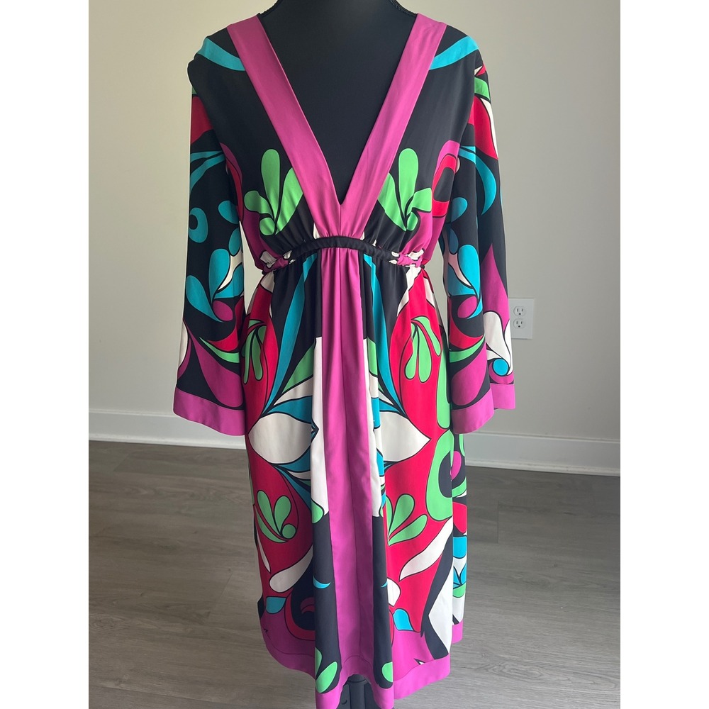 Nicole by Nicole Miller Psychedelic Neon Floral Empire Waist V-Neck Dress 10